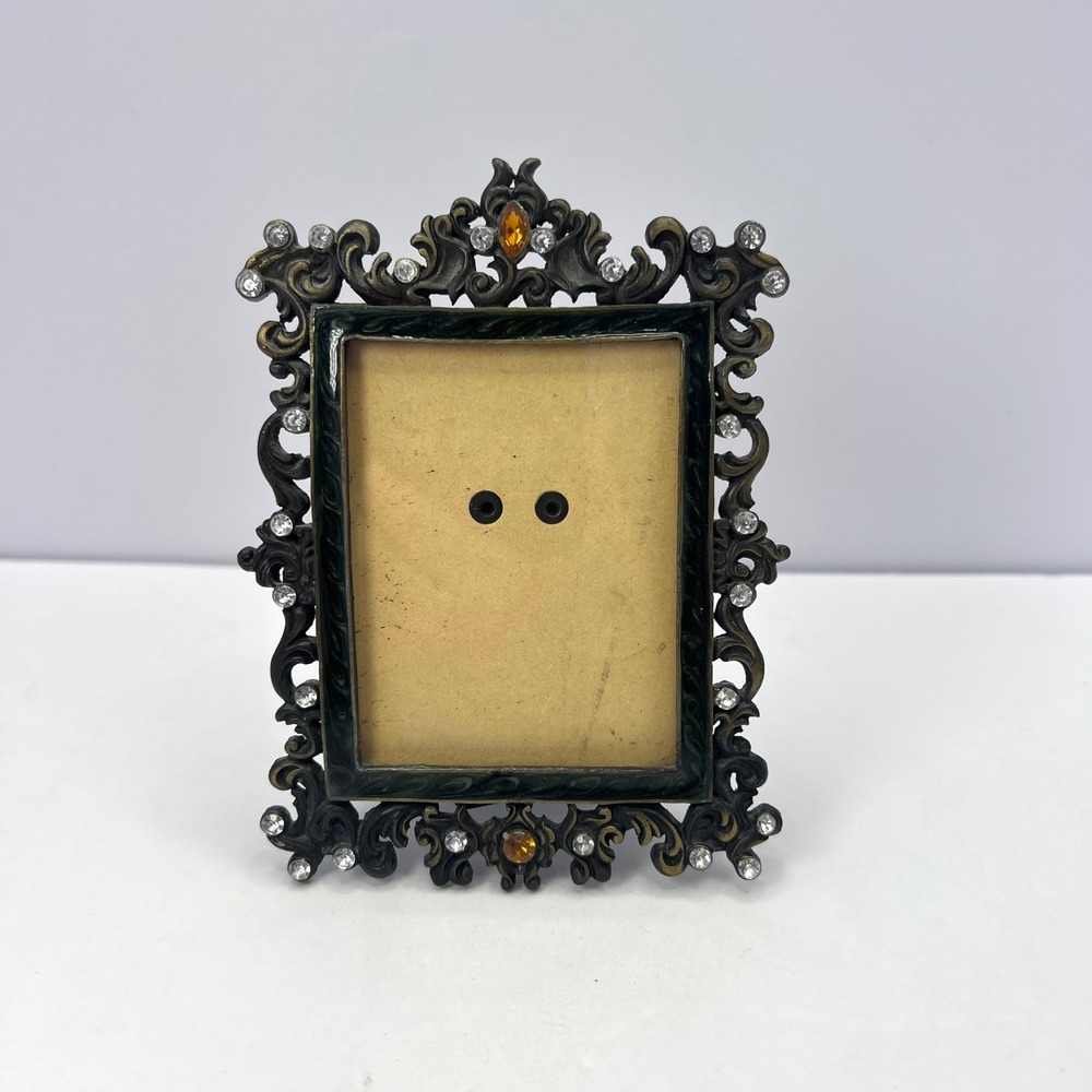 Ornate‎ Bejeweled Frame Bronze Color 3.25 x 2.25 Vintage Green Enamel Baroque